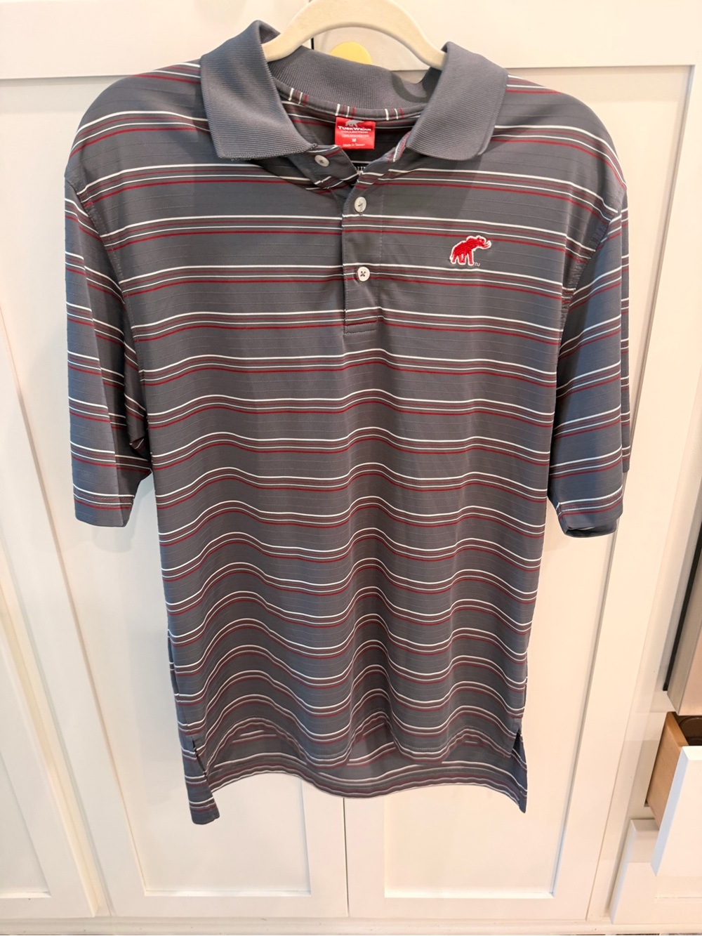 Tuskwear Gray Striped Polo with Red Elephant Logo! Alabama Crimson Tide EUC